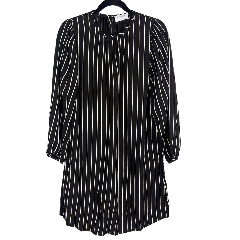 Jeune Otte Medium Black Cream Striped Dress Crew Neck Keyhole Back Long Sleeve